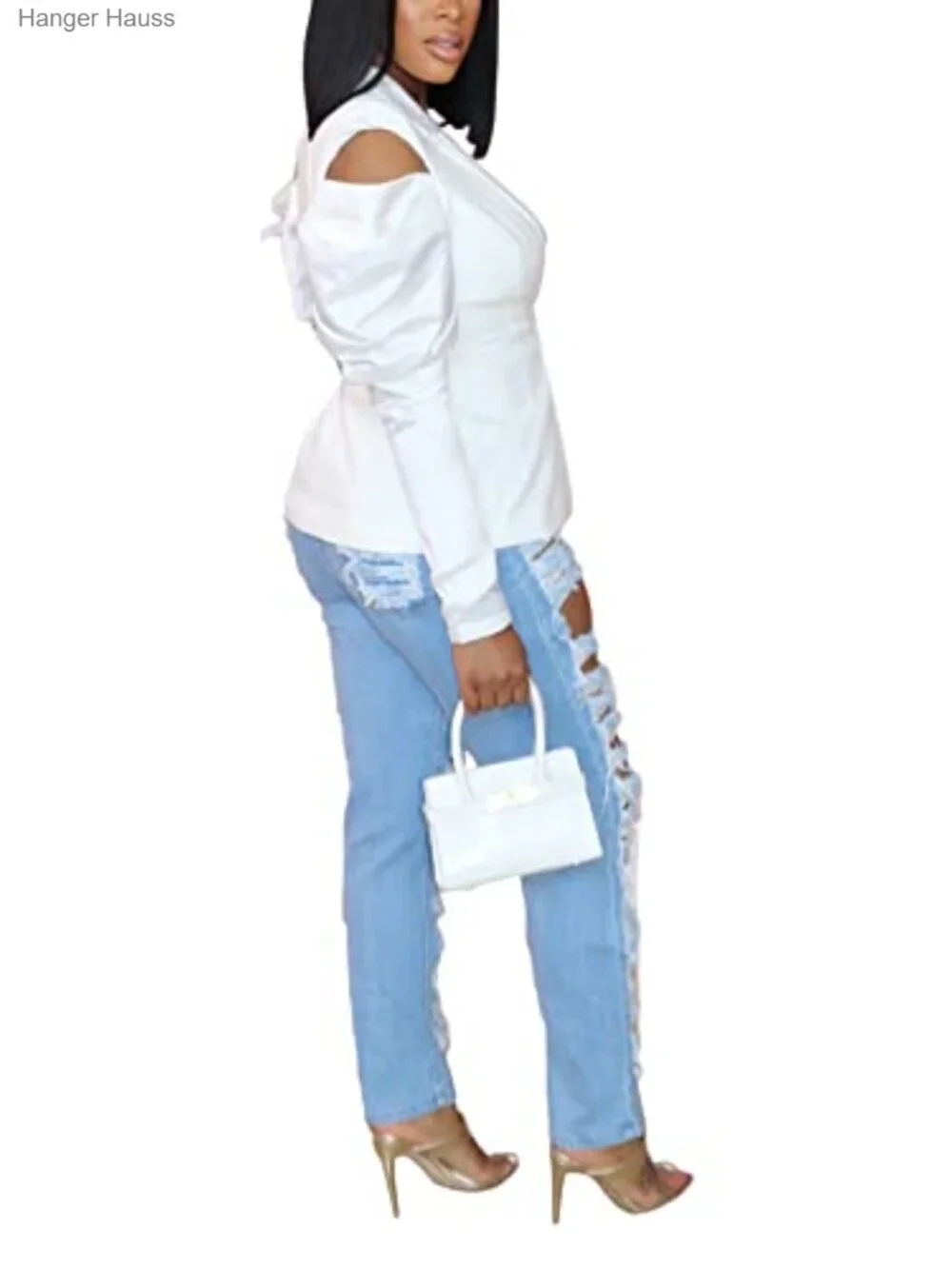 Women's Casual Blazer Open Front Puff Sleeve Suit Jacket Lightweight